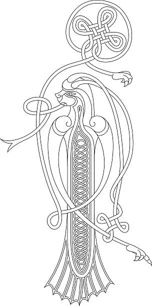 Vector illustration of Ornamental celtic initial I drawing (Animal with endless knots)