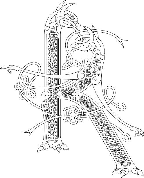 illustrazioni stock, clip art, cartoni animati e icone di tendenza di disegno celtico ornamentale iniziale k (animale con infiniti nodi - celtic culture celtic style dog tied knot