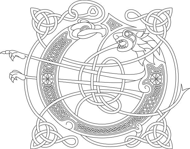 Ornamental celtic initial O drawing (Animal with endless knots) Celtic initial drawing of the letter O in black and white. This ornamental letter is based on a eagle, a lion and endless knots (celtic knots). The shape of the letters refers to the unziale (medieval type form). Similar illustrations are known from the various illuminations in medieval, celtic books such as the "book of kells" and the "Lindisfarne gospels". celtic knot animals stock illustrations