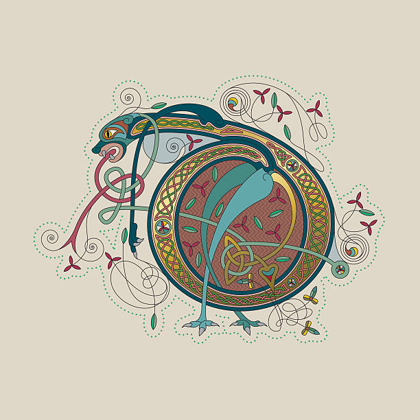 색상화 셀틱 조명을 초기군 leter d - text ornate pattern medieval illuminated letter stock illustrations