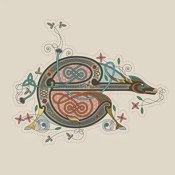 Vector illustration of Colorful celtic illumination of the initial leter E