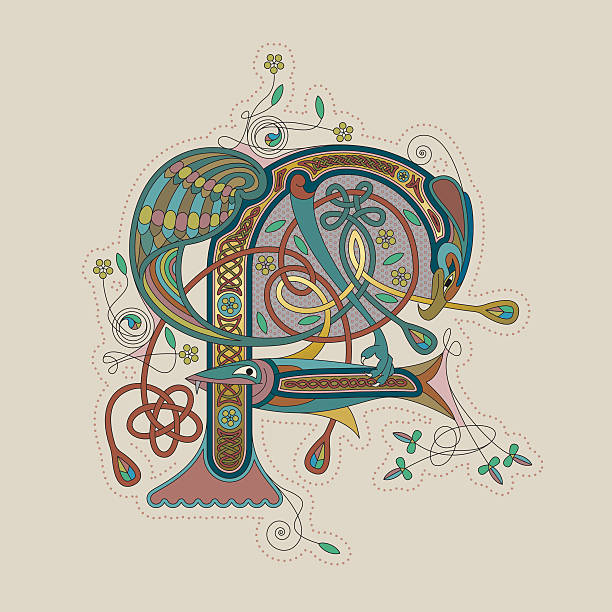 색상화 셀틱 조명을 초기군 leter f - text ornate pattern medieval illuminated letter stock illustrations