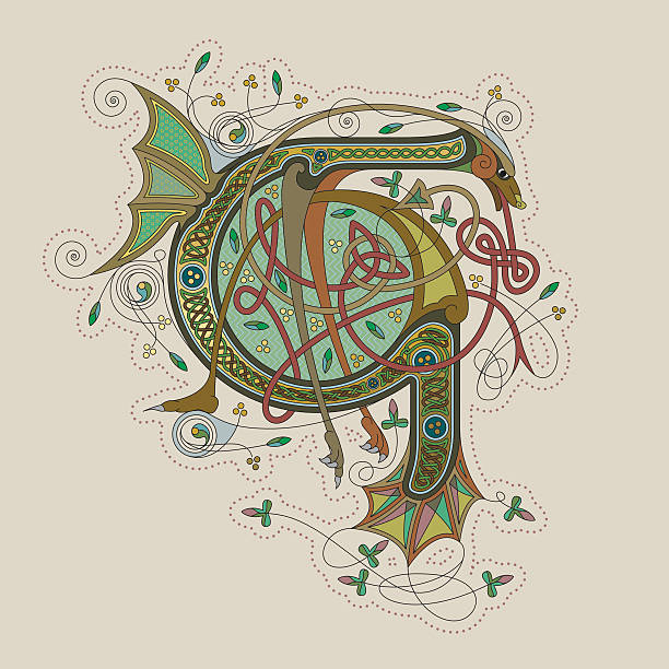 색상화 셀틱 조명을 초기군 leter g - text ornate pattern medieval illuminated letter stock illustrations