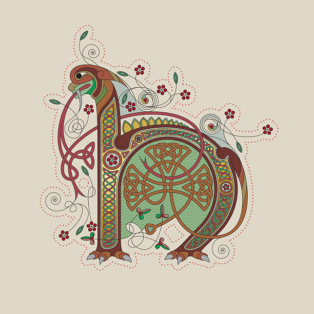 Colorful celtic illumination of the initial leter H Colorful illumination of a celtic initial letter H with gold on beige/chamois background. This ornamental and playful letter is based on a dragon/dinosaur with legs, flowers, tendrils and endless knots (celtic knots). The shape of the letters refers to the unziale (medieval type form). Similar illustrations are known from the various illuminations in medieval, celtic books such as the "book of kells" and the "Lindisfarne gospels". celtic knot animals stock illustrations