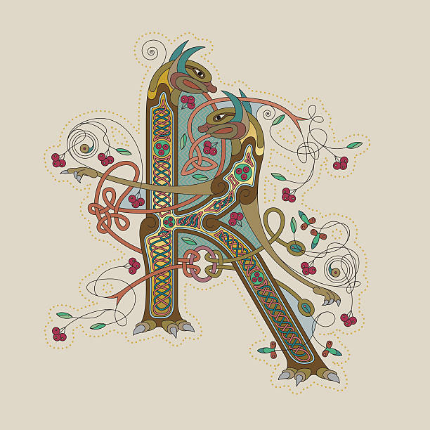ilustraciones, imágenes clip art, dibujos animados e iconos de stock de colorido celtic iluminación de las primeras leter k - text ornate pattern medieval illuminated letter