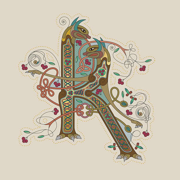 색상화 셀틱 조명을 ��초기군 leter k - text ornate pattern medieval illuminated letter stock illustrations