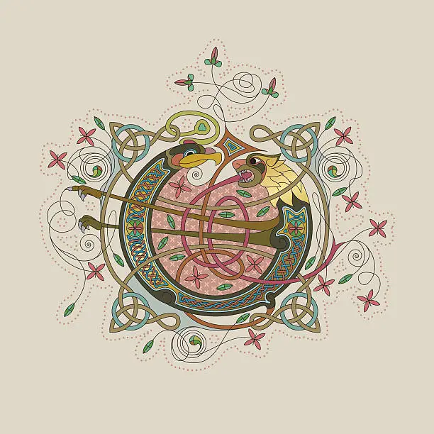 Vector illustration of Colorful celtic illumination of the initial leter O
