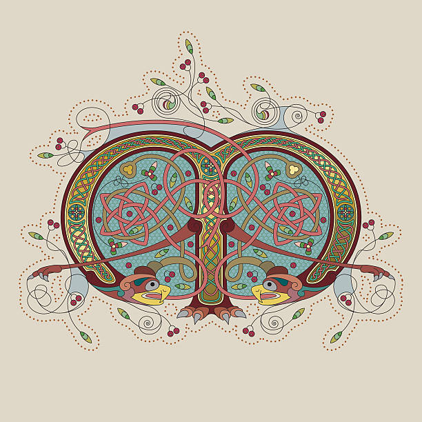 색상화 셀틱 조명을 초기군 leter m - text ornate pattern medieval illuminated letter stock illustrations