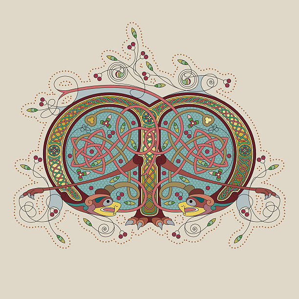 Colorful celtic illumination of the initial leter M Colorful illumination of a celtic initial letter M with gold on beige/chamois background. This ornamental and playful letter is based on a double headed eagle/vulture with arms, flowers, tendrils and endless knots (celtic knots). The shape of the letters refers to the unziale (medieval type form). Similar illustrations are known from the various illuminations in medieval, celtic books such as the "book of kells" and the "Lindisfarne gospels". celtic knot animals stock illustrations