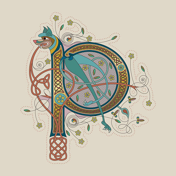Colorful celtic illumination of the initial leter P Colorful illumination of a celtic initial letter P with gold on beige/chamois background. This ornamental and playful letter is based on a dog with legs, flowers, tendrils and endless knots (celtic knots). The shape of the letters refers to the unziale (medieval type form). Similar illustrations are known from the various illuminations in medieval, celtic books such as the "book of kells" and the "Lindisfarne gospels". celtic knot animals stock illustrations