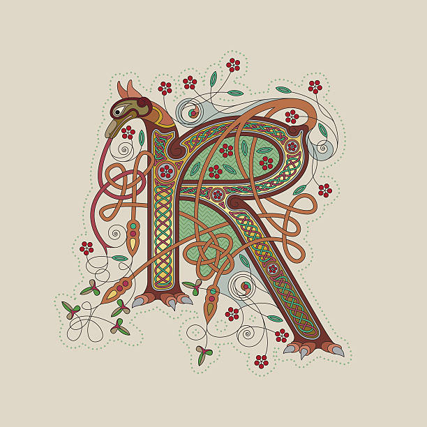 색상화 셀틱 조명을 초기군 leter r - text ornate pattern medieval illuminated letter stock illustrations