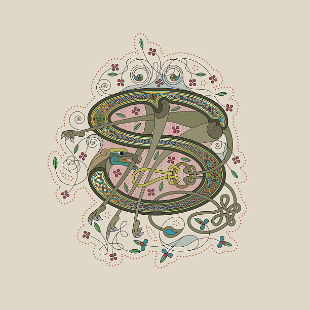 색상화 셀틱 조명을 초기군 leter s - text ornate pattern medieval illuminated letter stock illustrations