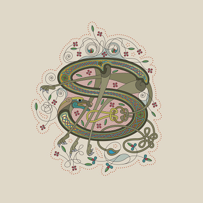 Colorful illumination of a celtic initial letter S with gold on beige/chamois background. This ornamental and playful letter is based on a lion with arms, legs, flowers, tendrils and endless knots (celtic knots). The shape of the letters refers to the unziale (medieval type form). Similar illustrations are known from the various illuminations in medieval, celtic books such as the 