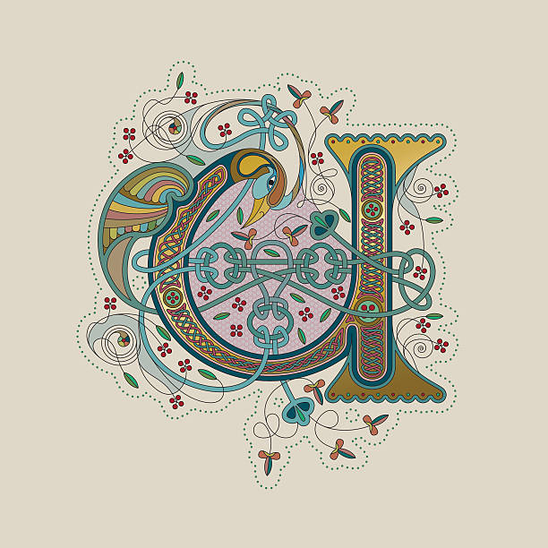 색상화 셀틱 조명을 초기군 leter u - text ornate pattern medieval illuminated letter stock illustrations