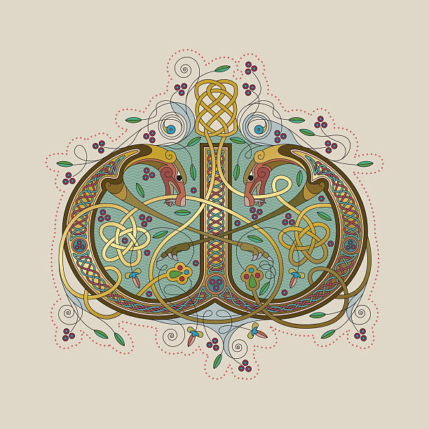 색상화 셀틱 조명을 초기군 leter w - text ornate pattern medieval illuminated letter stock illustrations