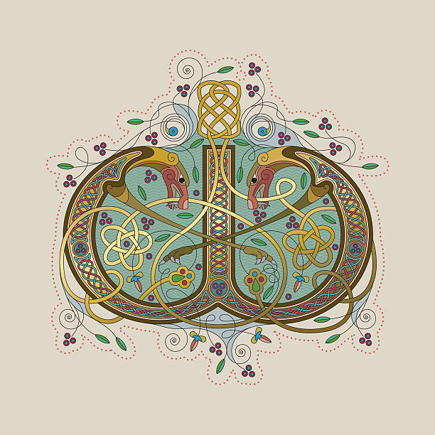 Colorful celtic illumination of the initial leter W Colorful illumination of a celtic initial letter W with gold on beige/chamois background. This ornamental and playful letter is based on a double headed lion with arms, flowers, tendrils and endless knots (celtic knots). The shape of the letters refers to the unziale (medieval type form). Similar illustrations are known from the various illuminations in medieval, celtic books such as the "book of kells" and the "Lindisfarne gospels". celtic knot animals stock illustrations