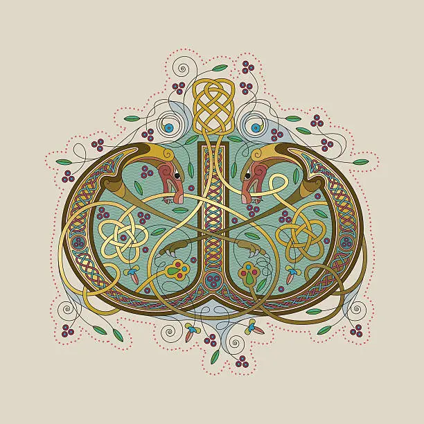 Vector illustration of Colorful celtic illumination of the initial leter W