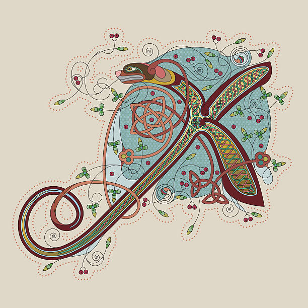 Colorful celtic illumination of the initial leter X Colorful illumination of a celtic initial letter X with gold on beige/chamois background. This ornamental and playful letter is based on a dog/insect with wings, flowers, tendrils and endless knots (celtic knots). The shape of the letters refers to the unziale (medieval type form). Similar illustrations are known from the various illuminations in medieval, celtic books such as the "book of kells" and the "Lindisfarne gospels". celtic letter x stock illustrations