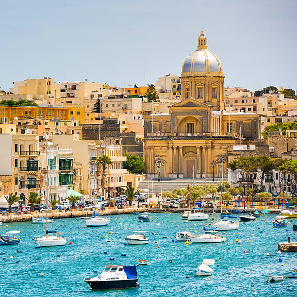 plan wiev on the bay near Valletta many little yachts and boats from plan wiev to the bay near Valletta in Malta malta stock pictures, royalty-free photos & images