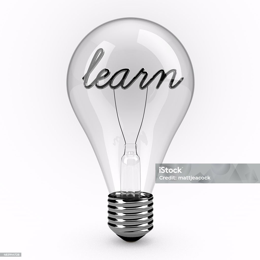 Learn lightbulb A 3d render of a glass lightbulb. The lightbulb is standing upright on a plain white background. Inside the bulb is the word learn which is made to look like the filament. Learning Stock Photo