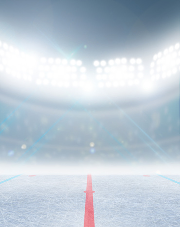 A generic ice hockey ice rink stadium with a frozen surface under illuminated floodlights
