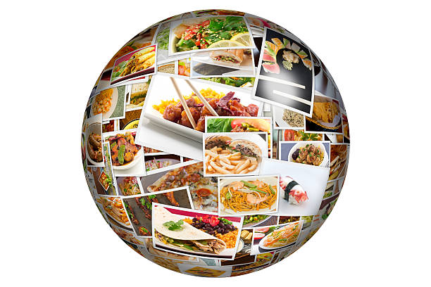 World Cuisine Collage Globe Globe collage of lots of popular worldwide dinner foods and appetizers fusion food stock pictures, royalty-free photos & images