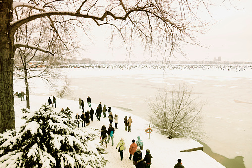 Germany, Hamburg, ice covered Aussenalster during winter