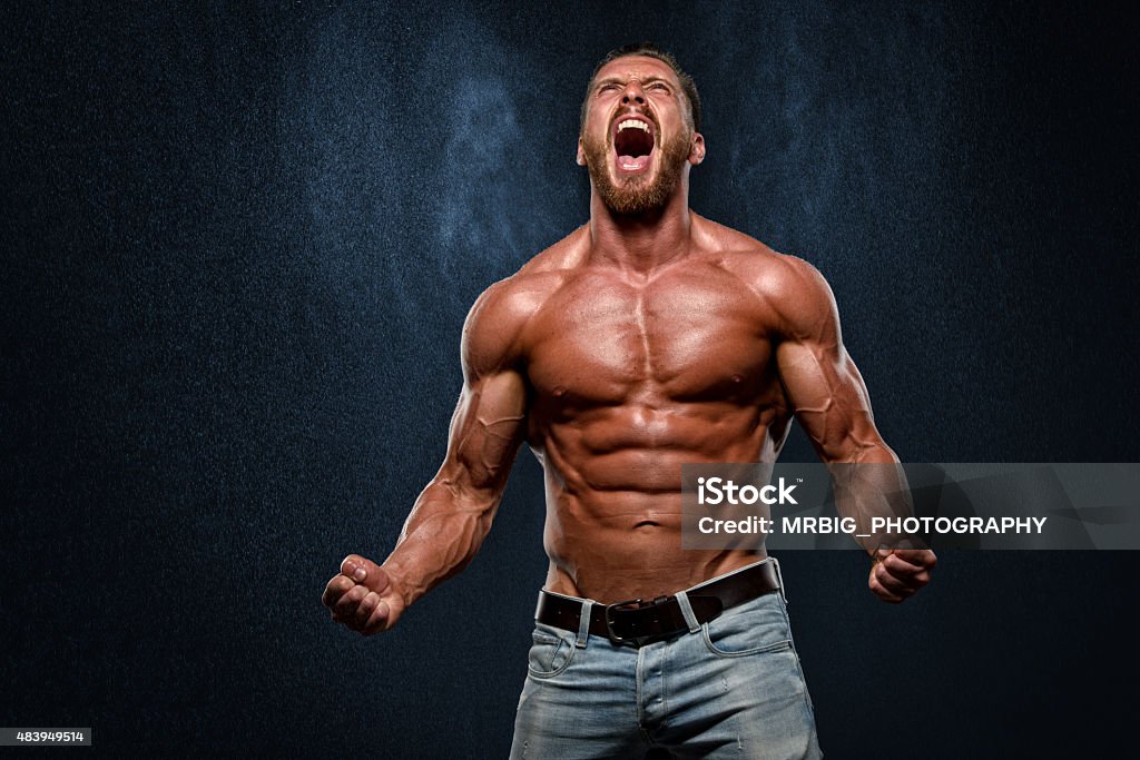 Scream Muscular Men Screaming , Letting It All Out ...Full Power! Body Building Stock Photo