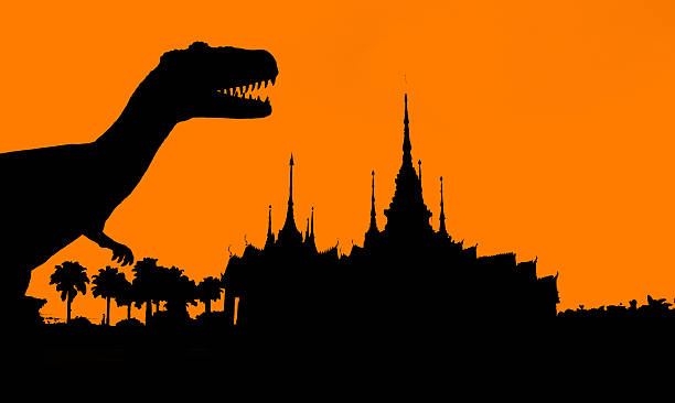 the silhouettes of dinosaurs in temple the silhouettes of dinosaurs in temple coelurosauria stock pictures, royalty-free photos & images