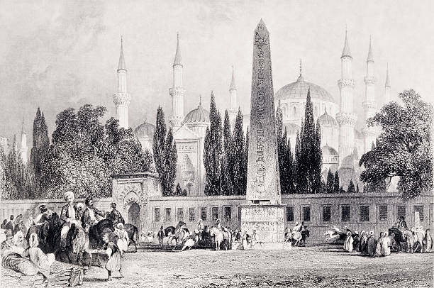Engraving of Egyptian Obelisk in Istanbul. Sultanahmet Hippodrome. Illustration from "Book of Constantinople and scenery of  the seven churches of asia minor", dated 1839