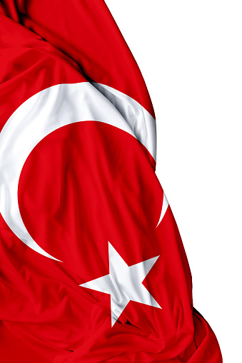 Bandera turca saludando con la mano sobre fondo blanco photo