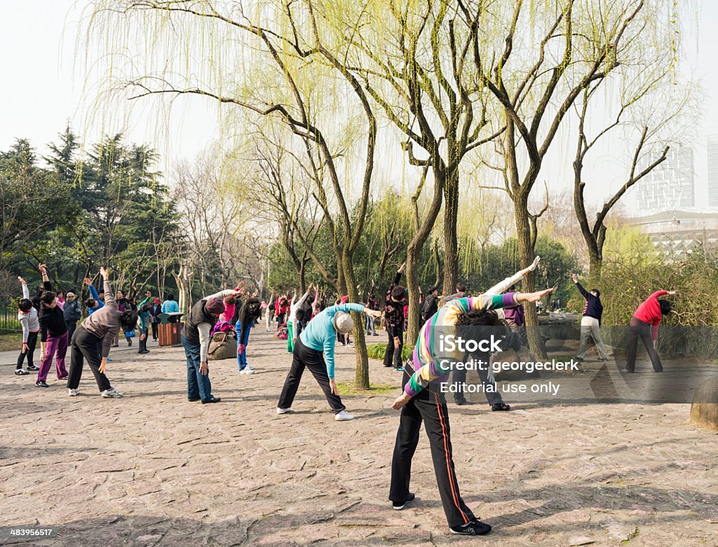 Exercising in the Park Shanghai, China - March 7, 2013: A large group of adults exercising together, in time with music in Lu Xun public park in Shanghai. 60-69 Years Stock Photo