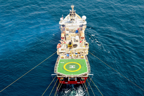 Aerial photo of a seismic vessel as it tows its equipment in the hunt for oil. 
