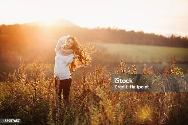 Autumn Girl Stock Photo - Download Image Now - Meadow, Adult, Agricultural Field