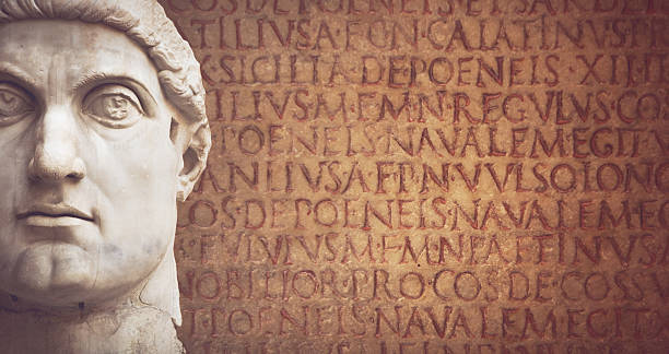 Face of the Emperor Constantine and latin script stock photo