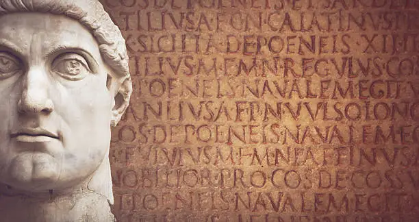 Photo of Face of the Emperor Constantine and latin script
