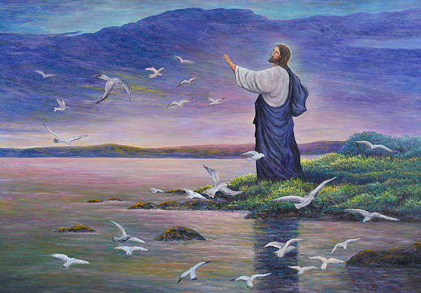 Jesus feeds birds stock photo
