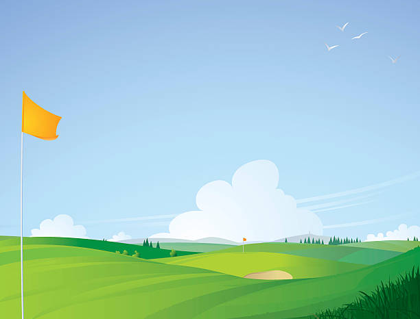 Golf course landscape with orange flag in front Golfing course landscape on a summer day with a orange flag in front. Blue sky with some clouds at the horizon. Vector illustration. golf course stock illustrations