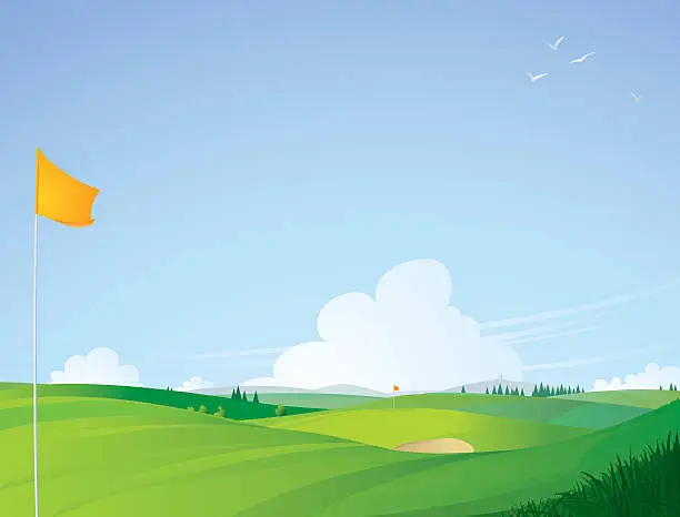 Vector illustration of Golf course landscape with orange flag in front