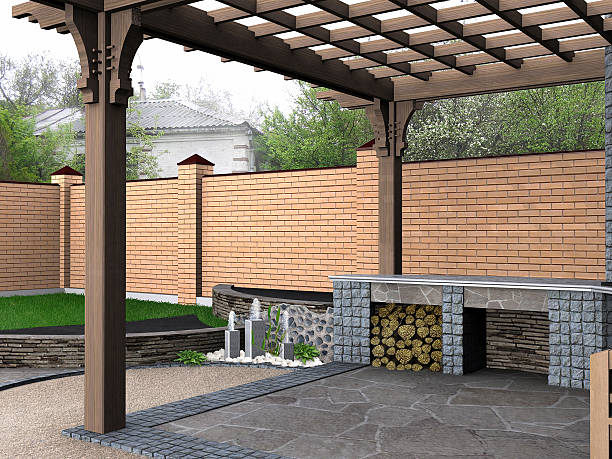 istock Landscaping recreational ground small fountain, 3D render 483960098