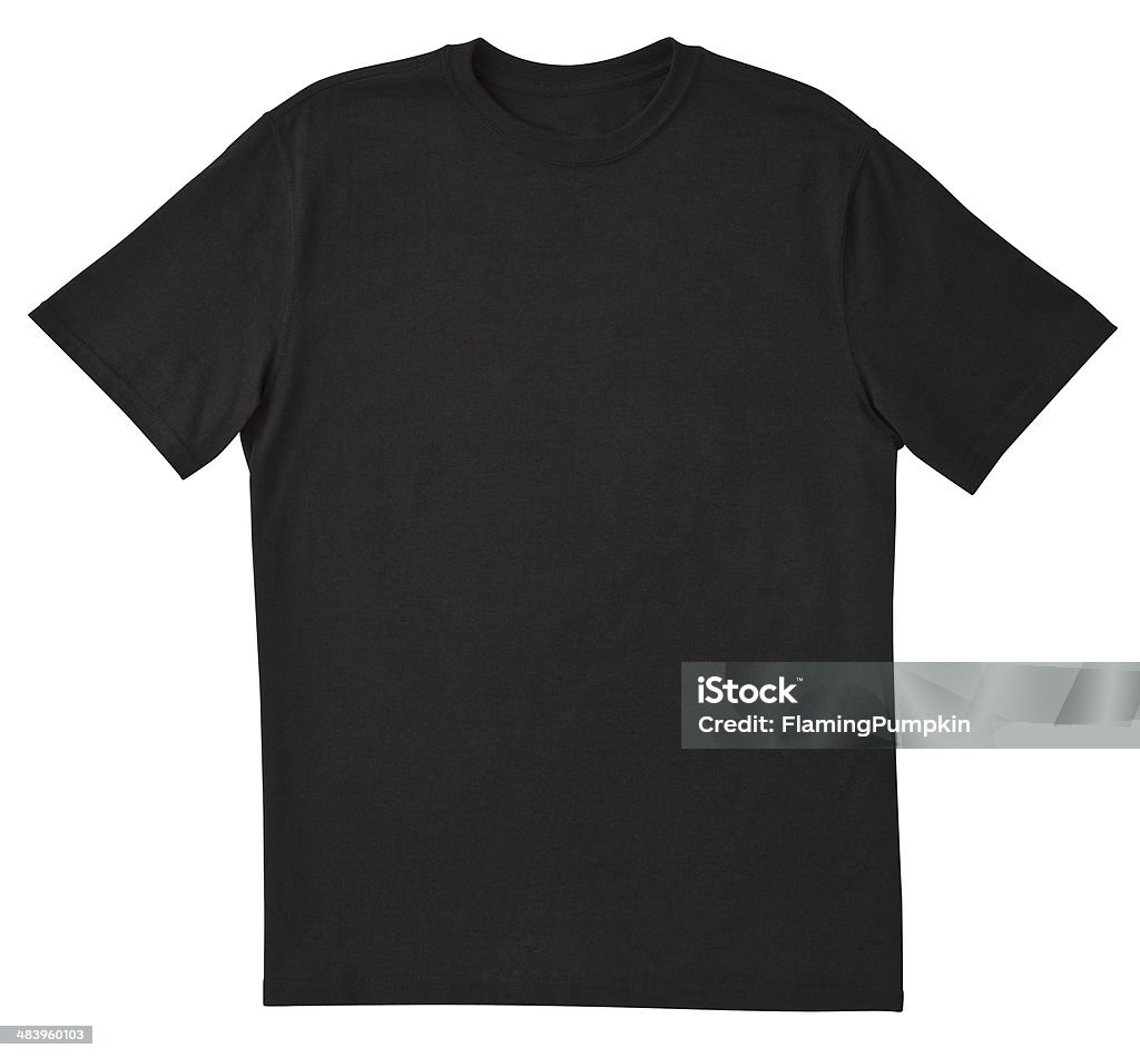 Blank Black T-Shirt Front with Clipping Path. Front of a clean Black T-Shirt just waiting for you to add your own logo, Graphics or words. Clipping Path. Single shirt - about 10" x 10". T-Shirt Stock Photo
