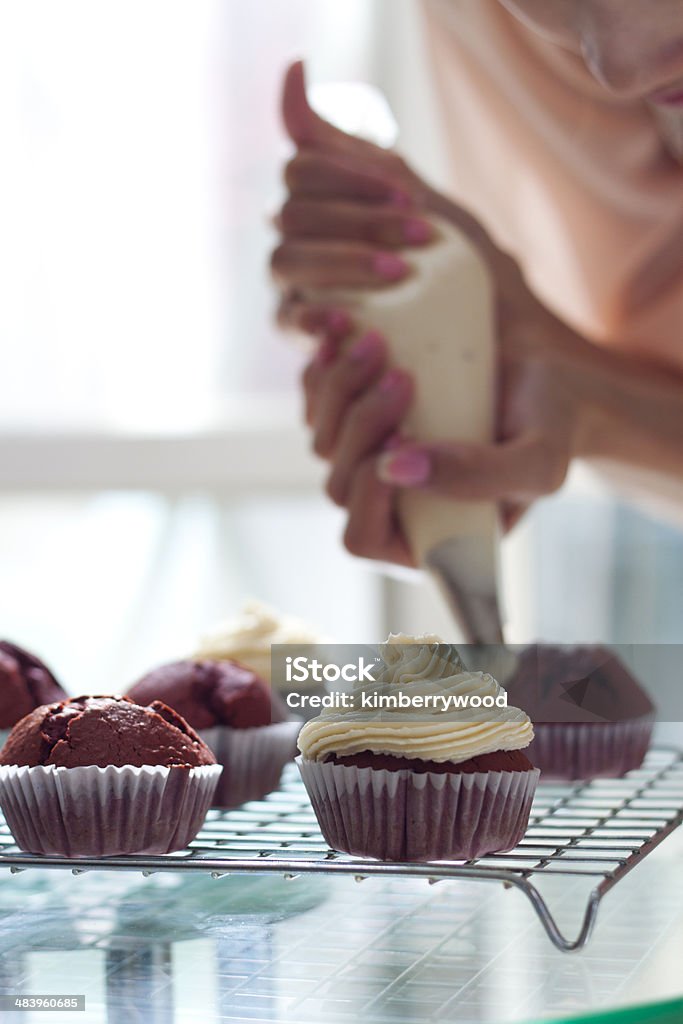 Decorate Cupcake Picture of Hand Squeeze Cream on Cupcake Cupcake Stock Photo