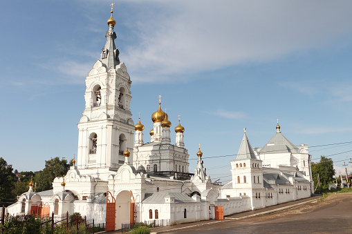 Saint Petersburg, Russia - June 08, 2023: Smolny Cathedral built in 1748-1835 as orthodox Voskresensky of all educational institutions, summer sunny day. Unrecognizable people