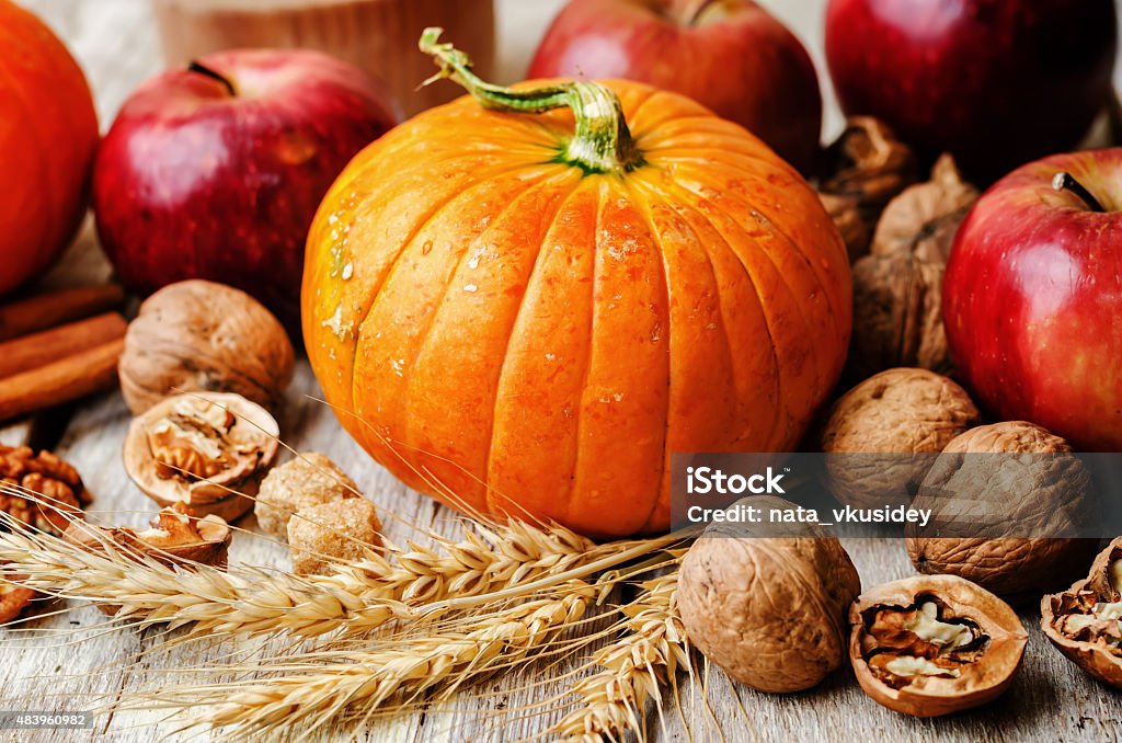 wood background with pumpkin, apples, wheat, honey and nuts wood background with pumpkin, apples, wheat, honey and nuts. the toning. selective focus 2015 Stock Photo