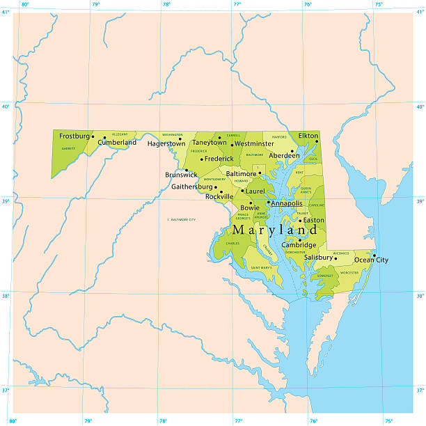 Maryland Vector Map Highly detailed vector map of Maryland, United States. File was created on November 16, 2012. The colors in the .eps-file are ready for print (CMYK). Included files: EPS (v8) and Hi-Res JPG (5600 × 5600 px). maryland state colors stock illustrations