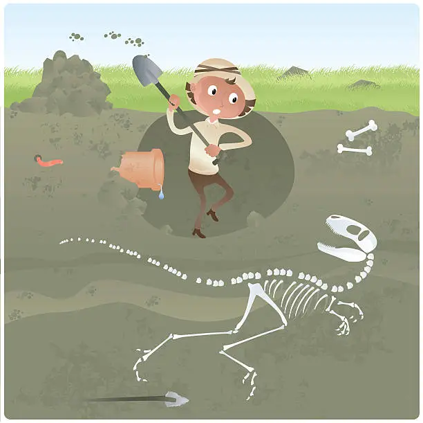Vector illustration of Archaeologist Digging for Dinosaur Bones