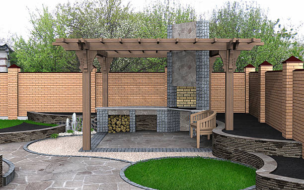 istock Landscaping View of the pergola recreation space, 3D Render 483963914