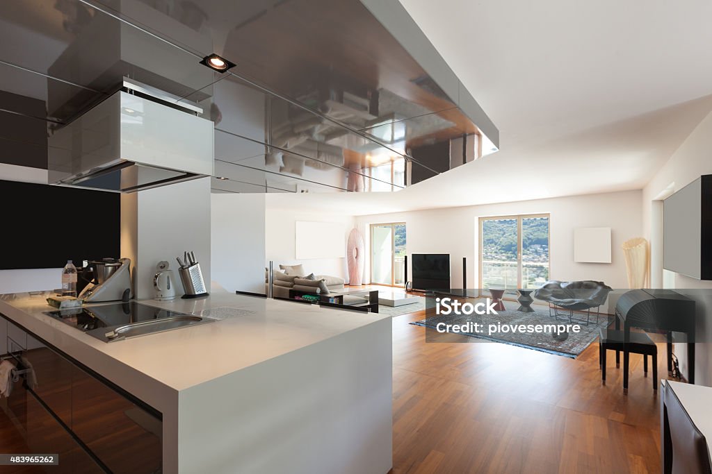 living room, parquet floor Interior of apartment, wide living room, parquet floor Design Stock Photo