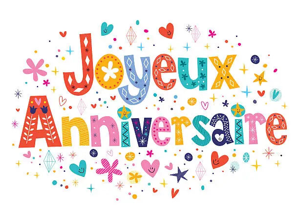 Vector illustration of Joyeux Anniversaire Happy Birthday in French decorative lettering