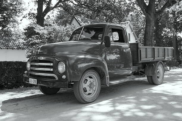 Houthalen, Belgium - August 5, 2015: 1950s Opel Blitz 1.75T Truck parking on the side of the road (in vintage 1950 retro style)